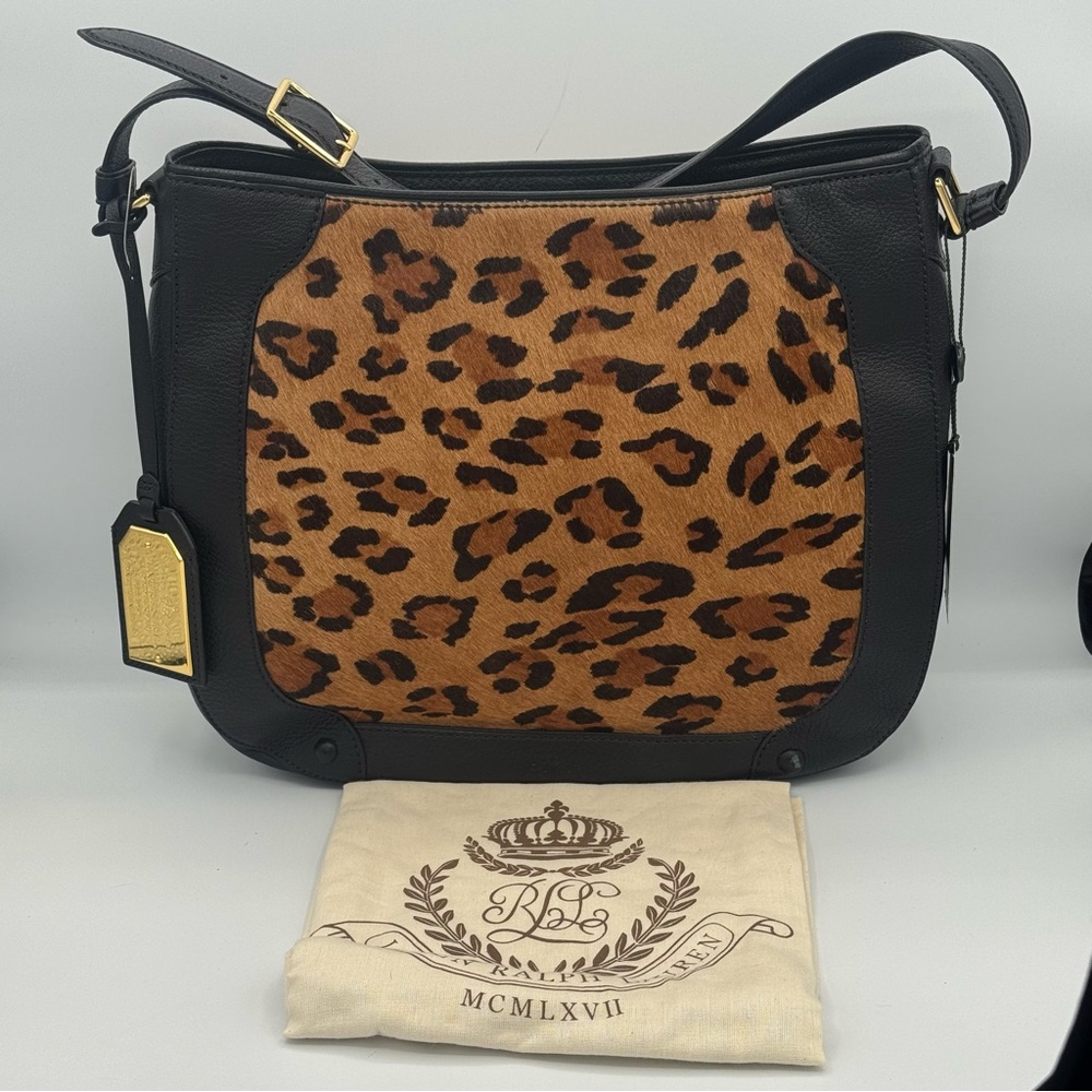 Ralph Lauren Hartwell Calf Hair Leopard Print Black Leather Shoulder Hobo Bag